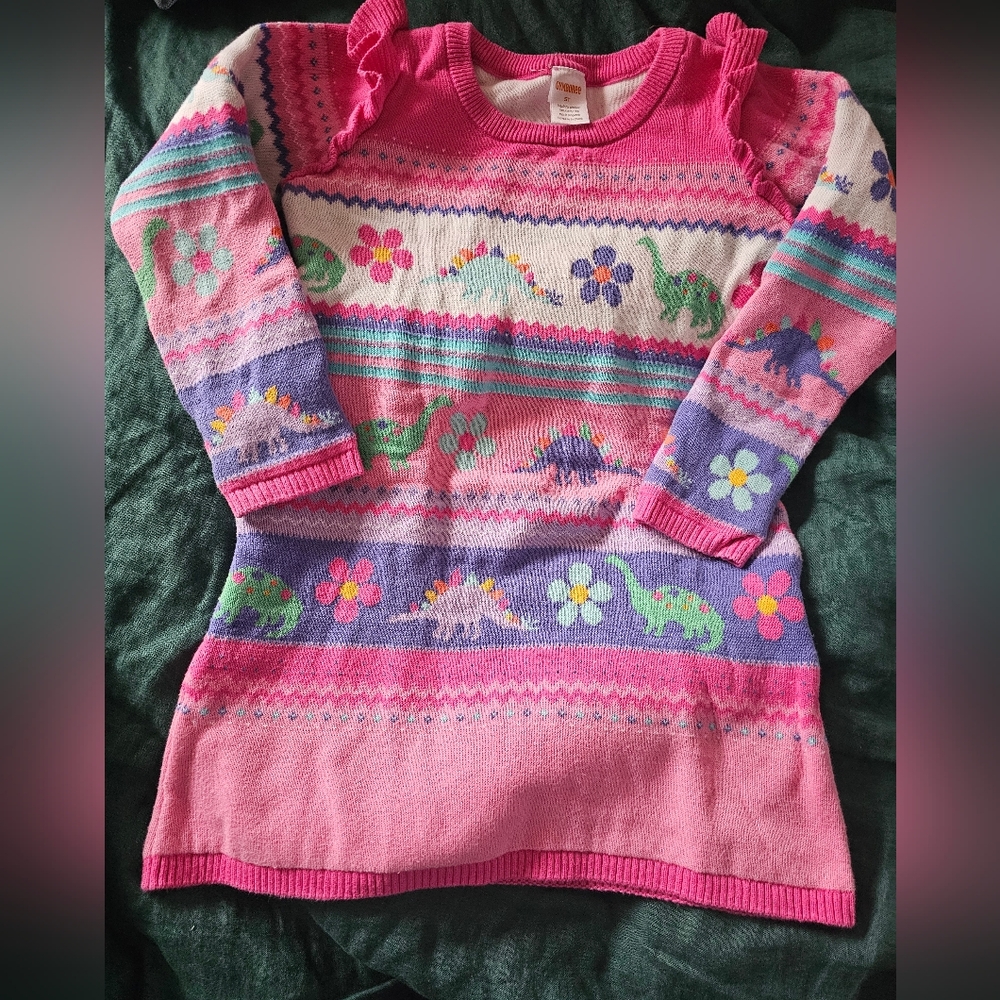 GYMBOREE Pink Dinosaur and Floral Knit Dress Sz 5T